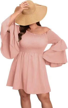 SOLY HUX Women's Plus Size Off Shoulder Long Sleeve Shirred Ruffle A Line Dress