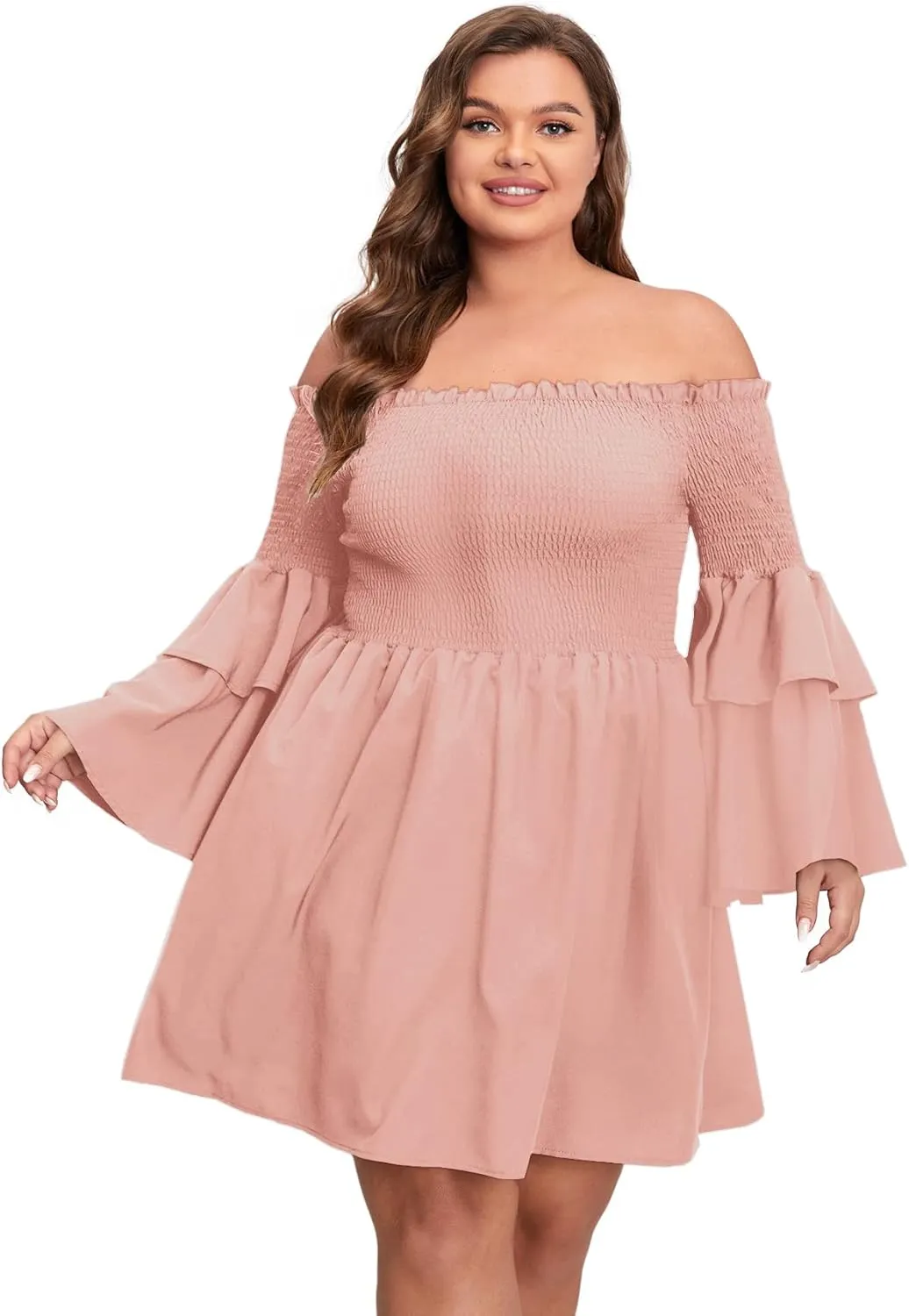 SOLY HUX Women's Plus Size Off Shoulder Long Sleeve Shirred Ruffle A Line Dress