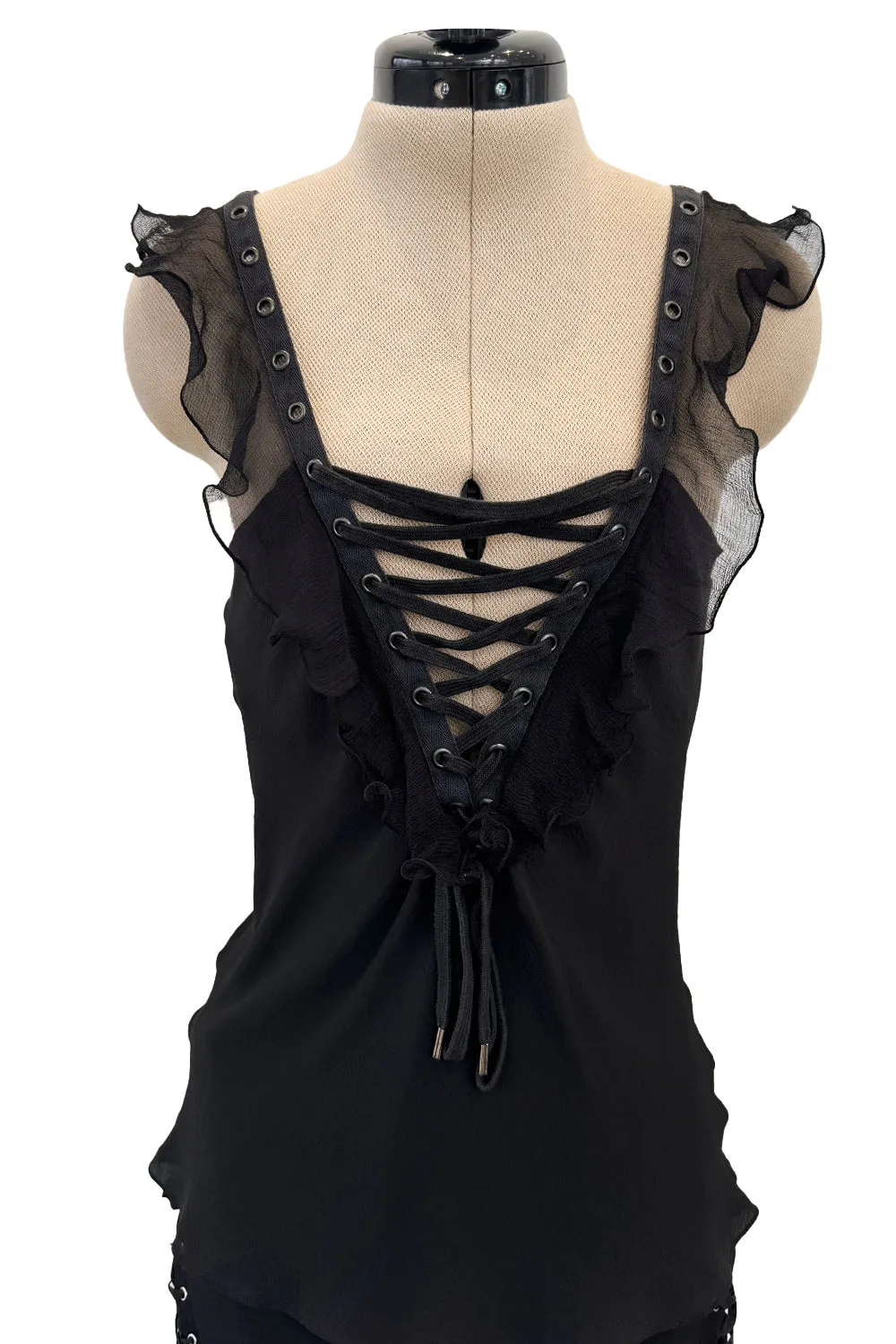 Spectacular Christian Dior by John Galliano Spring 2003 Black Silk Chiffon Lace Up Skirt & Top Set