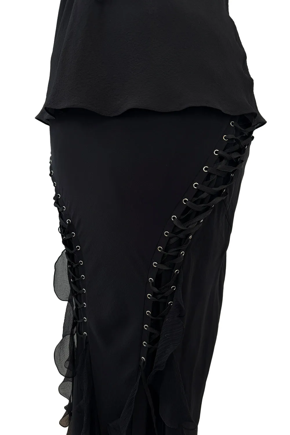 Spectacular Christian Dior by John Galliano Spring 2003 Black Silk Chiffon Lace Up Skirt & Top Set