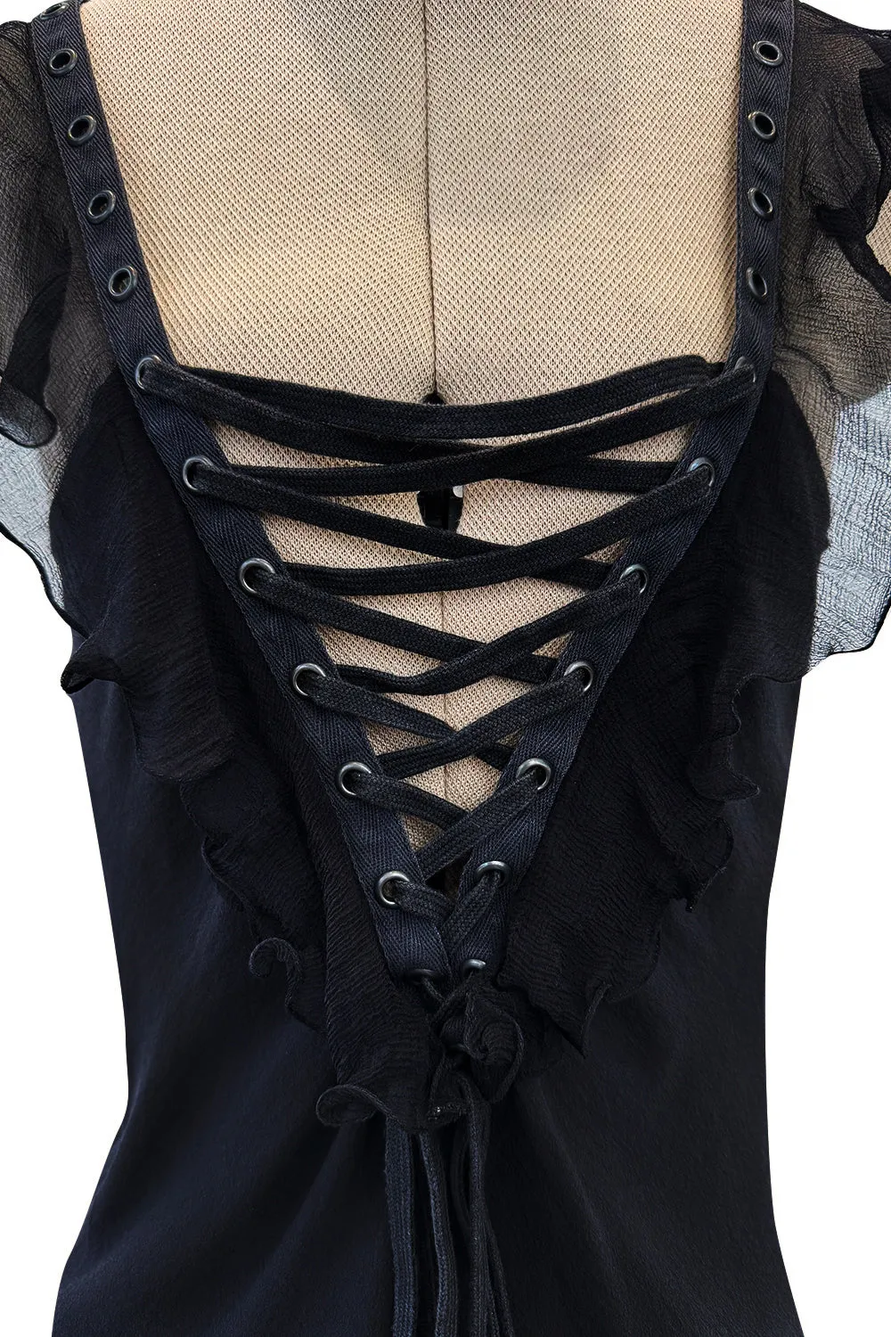 Spectacular Christian Dior by John Galliano Spring 2003 Black Silk Chiffon Lace Up Skirt & Top Set