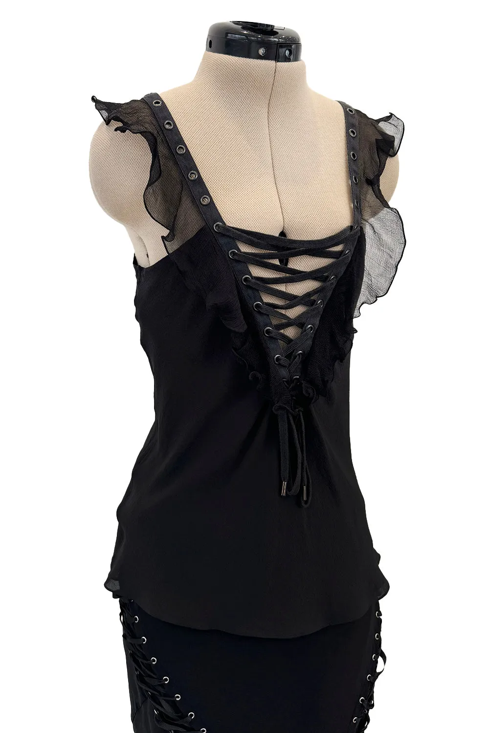 Spectacular Christian Dior by John Galliano Spring 2003 Black Silk Chiffon Lace Up Skirt & Top Set