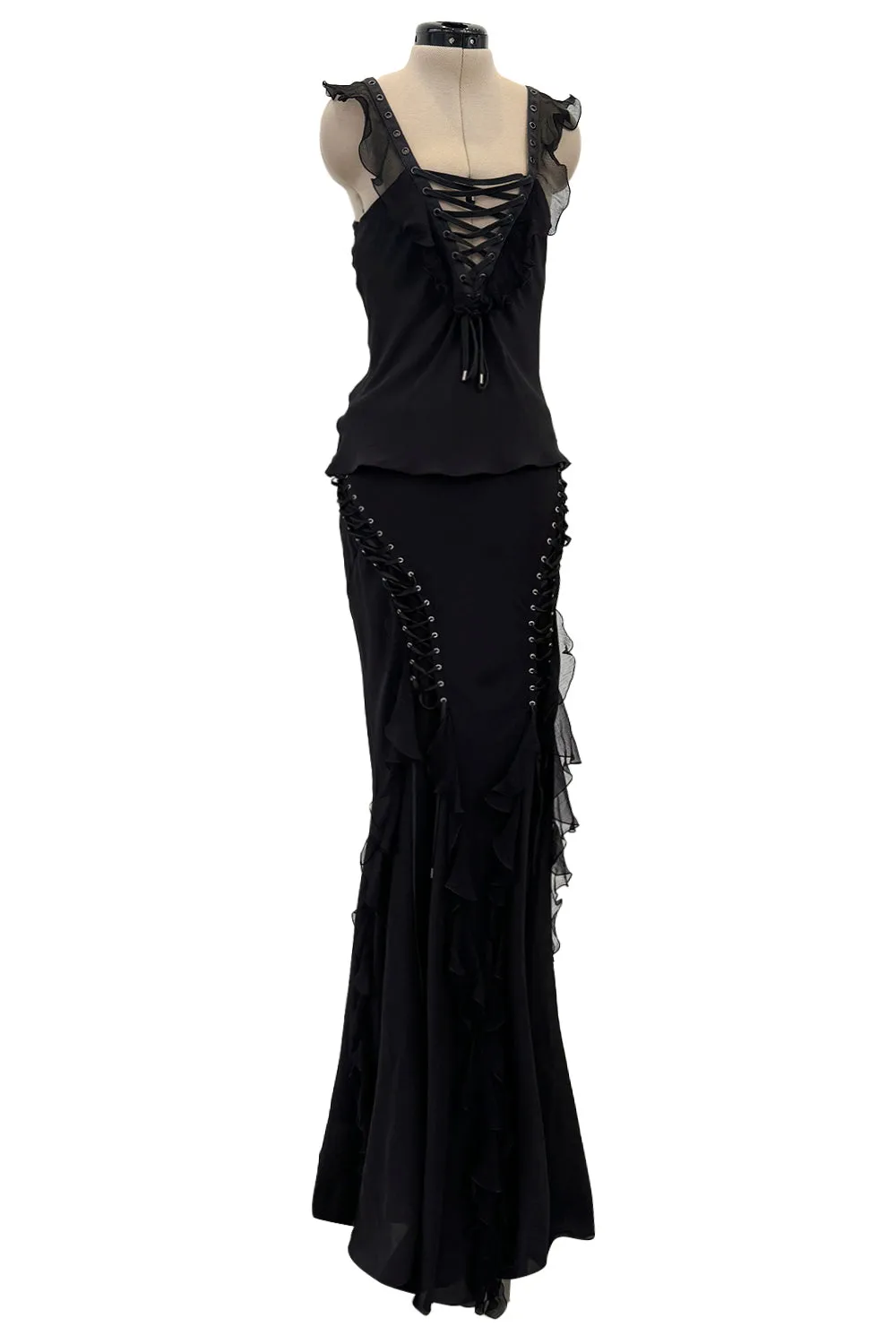 Spectacular Christian Dior by John Galliano Spring 2003 Black Silk Chiffon Lace Up Skirt & Top Set