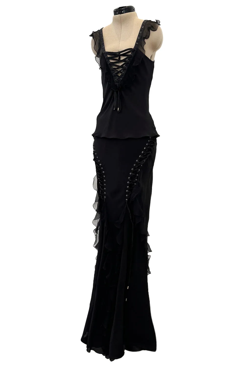 Spectacular Christian Dior by John Galliano Spring 2003 Black Silk Chiffon Lace Up Skirt & Top Set
