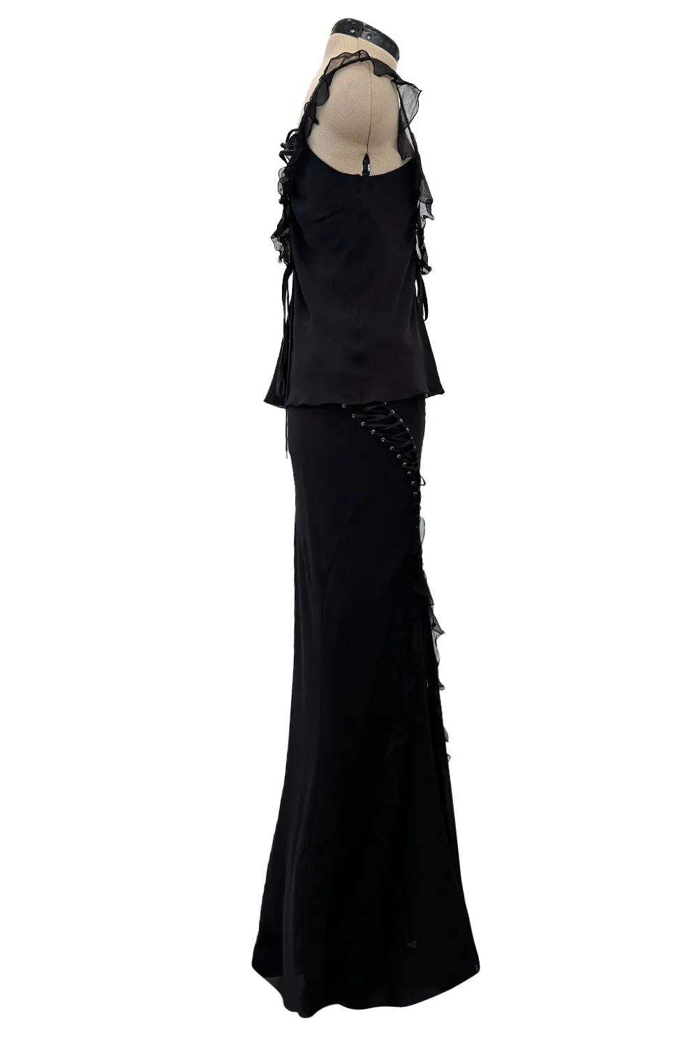 Spectacular Christian Dior by John Galliano Spring 2003 Black Silk Chiffon Lace Up Skirt & Top Set