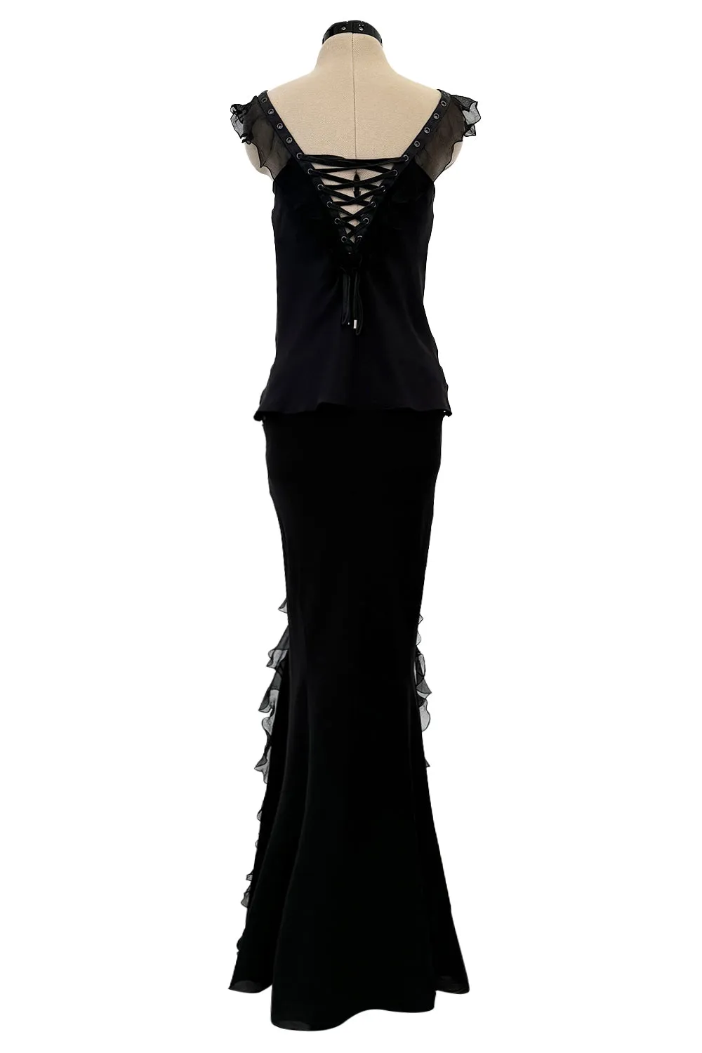 Spectacular Christian Dior by John Galliano Spring 2003 Black Silk Chiffon Lace Up Skirt & Top Set