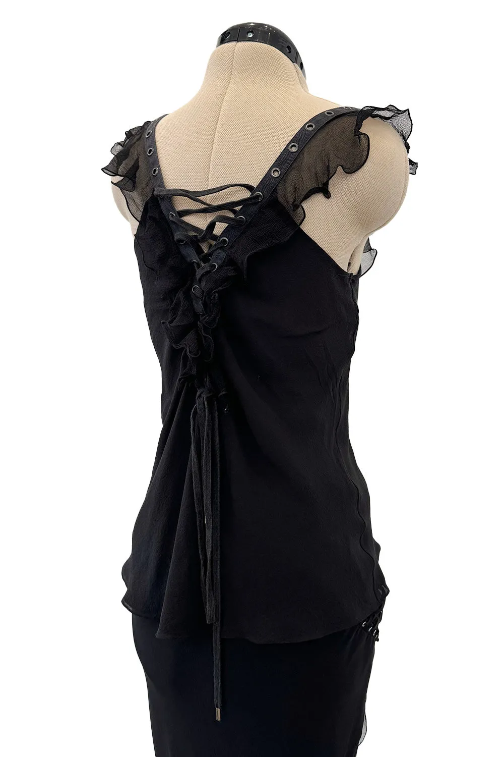 Spectacular Christian Dior by John Galliano Spring 2003 Black Silk Chiffon Lace Up Skirt & Top Set