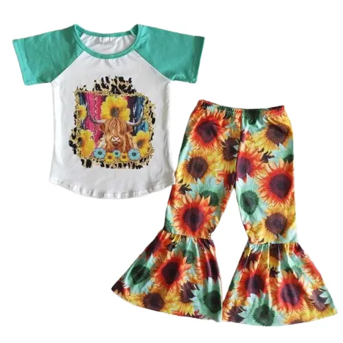 Sunflower Orange Highland Cow - Western Bell Bottoms Outfit