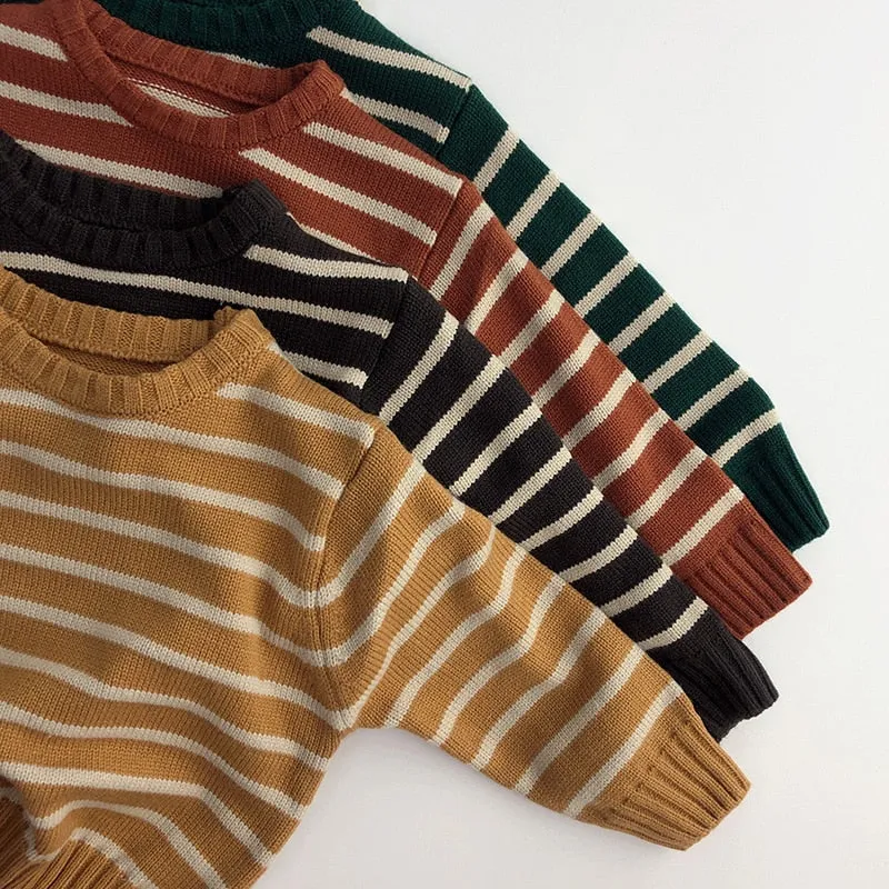 Unisex Kids' Casual Striped Long-Sleeved Knitted Cotton Pullover