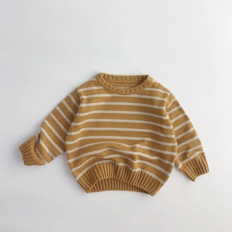 Unisex Kids' Casual Striped Long-Sleeved Knitted Cotton Pullover