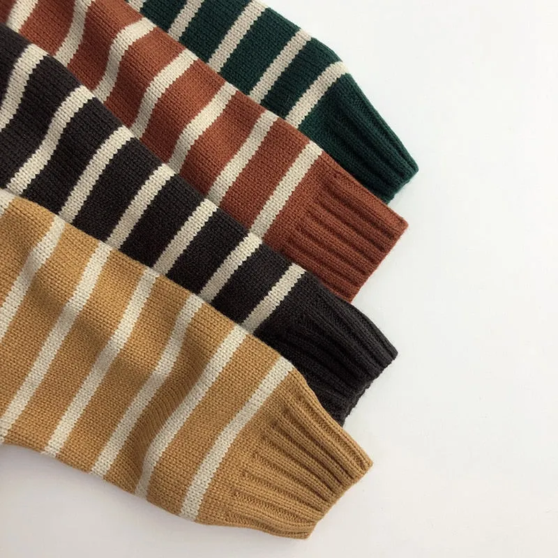 Unisex Kids' Casual Striped Long-Sleeved Knitted Cotton Pullover