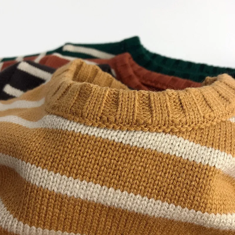 Unisex Kids' Casual Striped Long-Sleeved Knitted Cotton Pullover