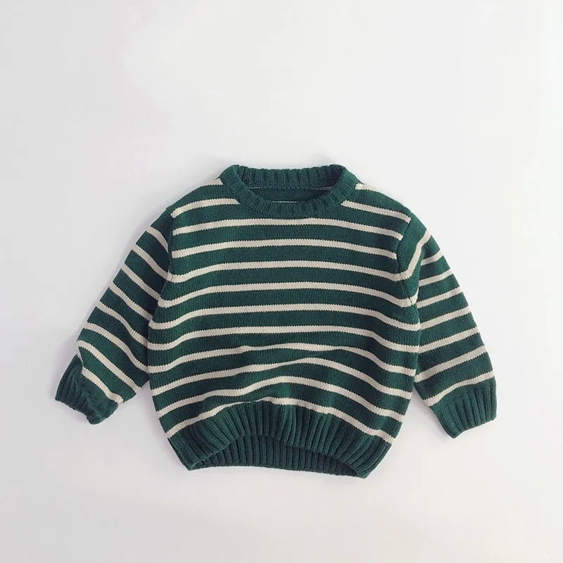 Unisex Kids' Casual Striped Long-Sleeved Knitted Cotton Pullover
