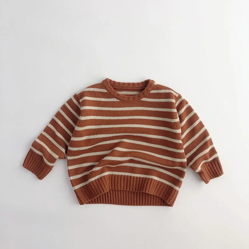 Unisex Kids' Casual Striped Long-Sleeved Knitted Cotton Pullover