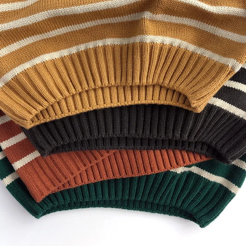 Unisex Kids' Casual Striped Long-Sleeved Knitted Cotton Pullover