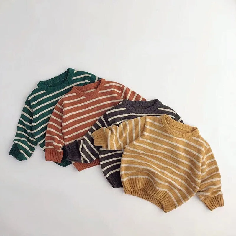 Unisex Kids' Casual Striped Long-Sleeved Knitted Cotton Pullover