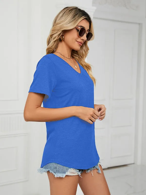 Victoria Short Sleeve V Neck Gathered Solid Color Loose T-Shirt Top Ladies