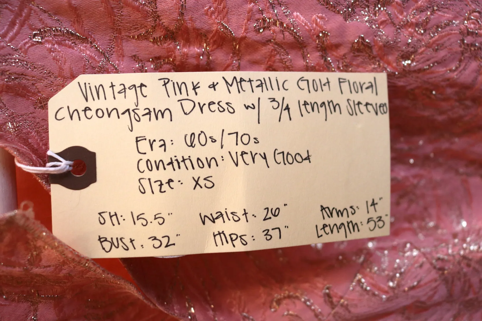Vintage Pink   Metallic Gold Floral Cheongsam Dress