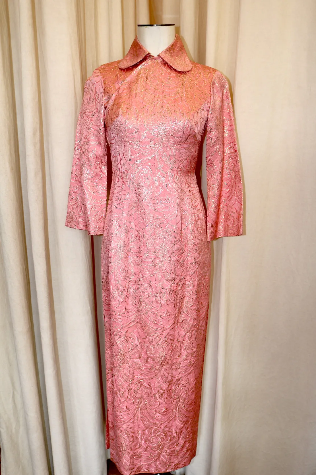 Vintage Pink   Metallic Gold Floral Cheongsam Dress