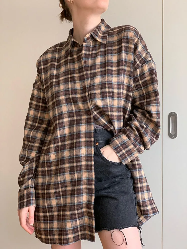 Vintage Plaid Shirts Women Loose Gingham Female Blouse Spring 2023 Button Top