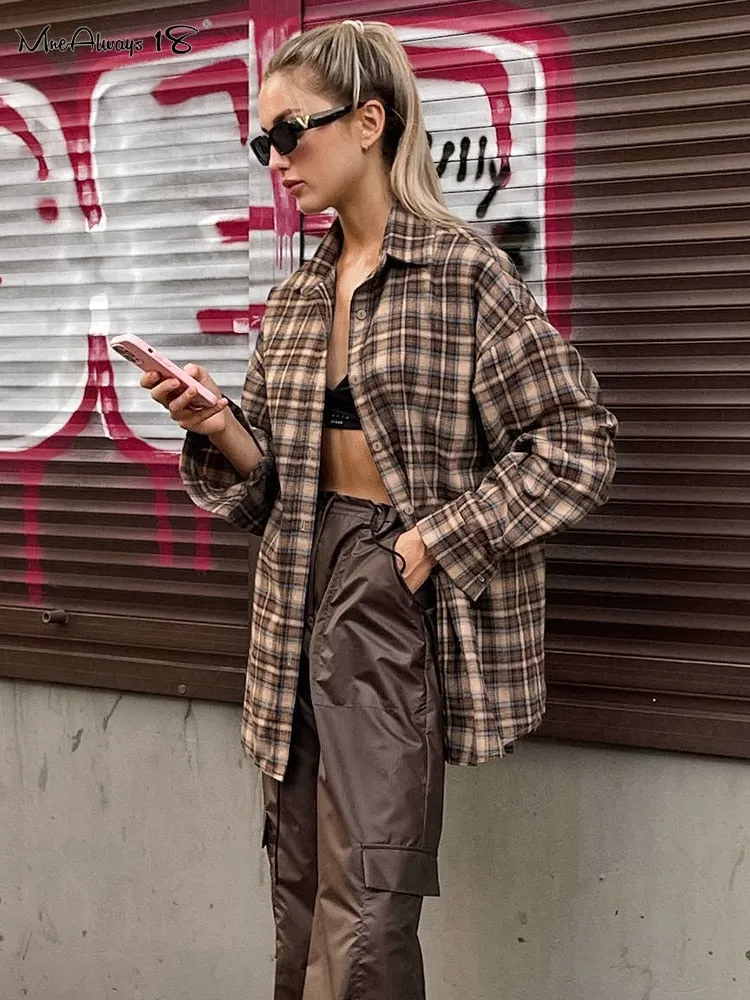 Vintage Plaid Shirts Women Loose Gingham Female Blouse Spring 2023 Button Top