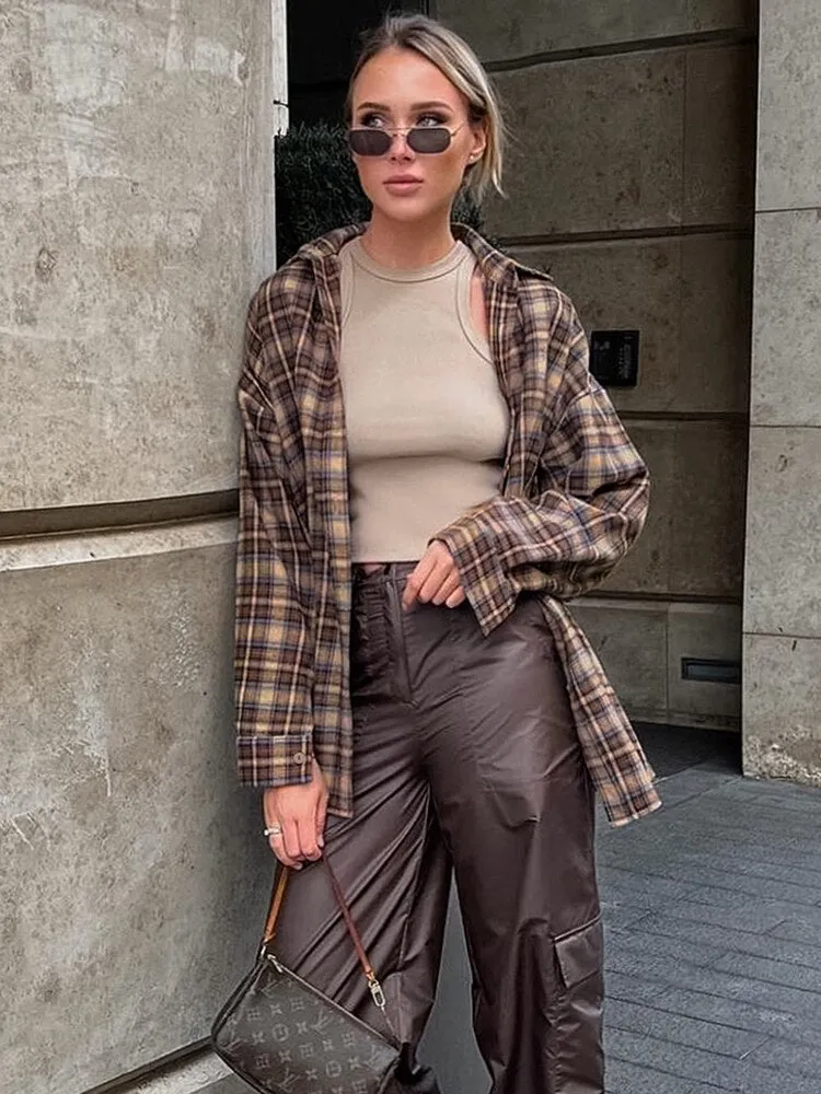 Vintage Plaid Shirts Women Loose Gingham Female Blouse Spring 2023 Button Top