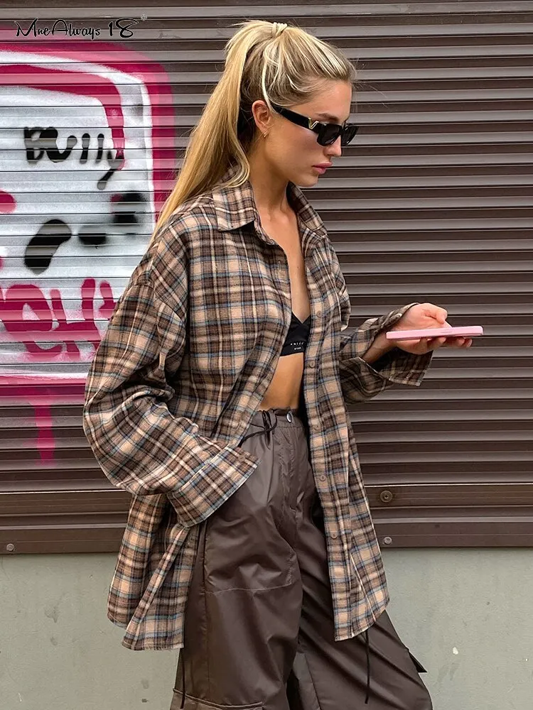 Vintage Plaid Shirts Women Loose Gingham Female Blouse Spring 2023 Button Top