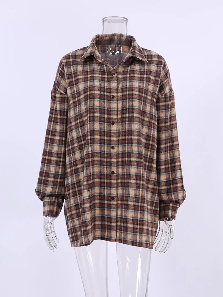 Vintage Plaid Shirts Women Loose Gingham Female Blouse Spring 2023 Button Top