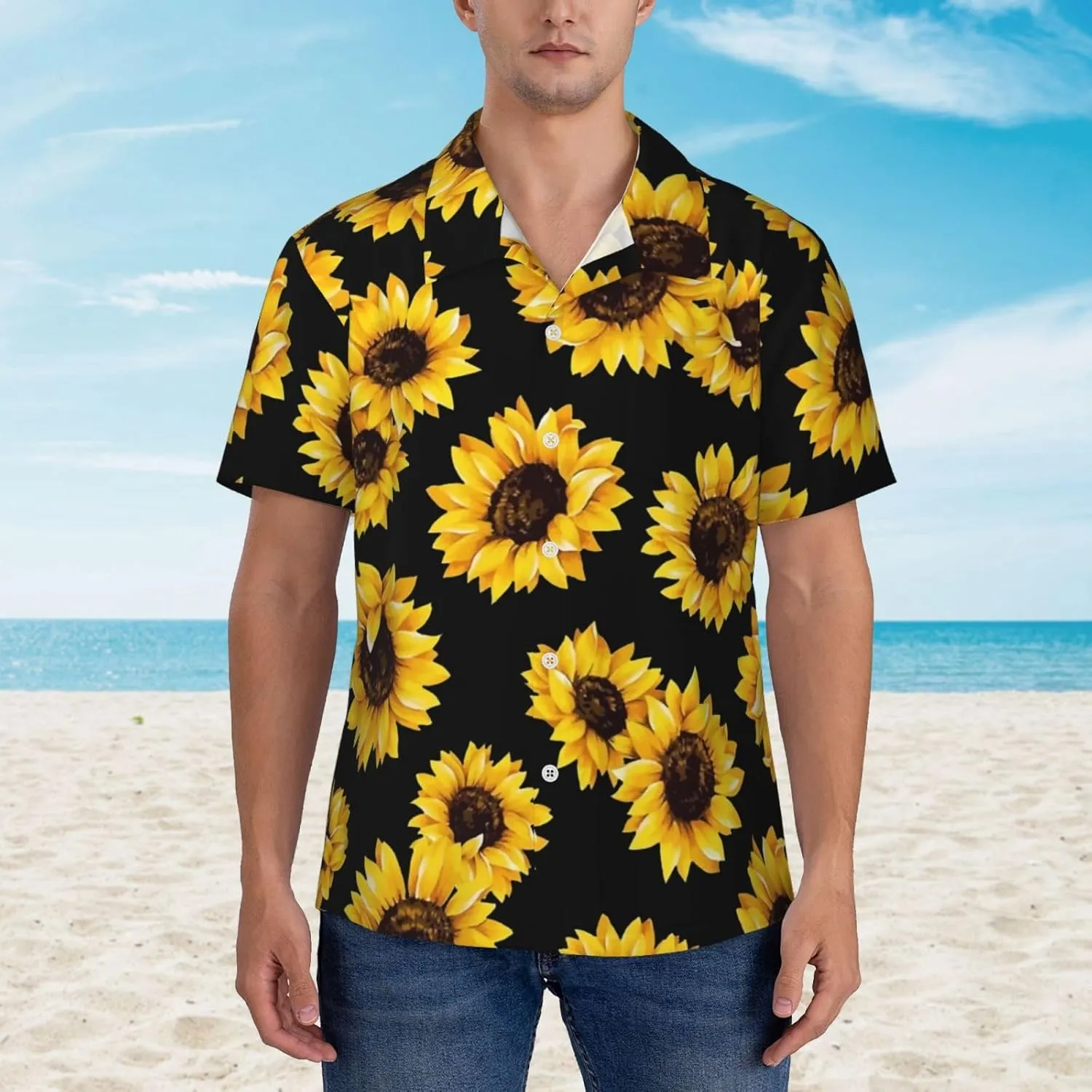 Vintage Sunflower Black Background Mens Hawaiian Shirt Short Sleeve Casual Button Up Tropical Summer Beach Shirt