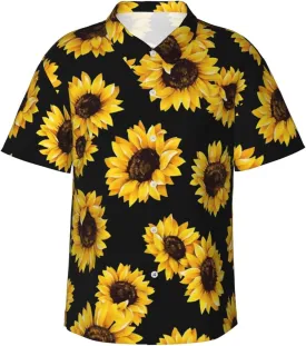 Vintage Sunflower Black Background Mens Hawaiian Shirt Short Sleeve Casual Button Up Tropical Summer Beach Shirt