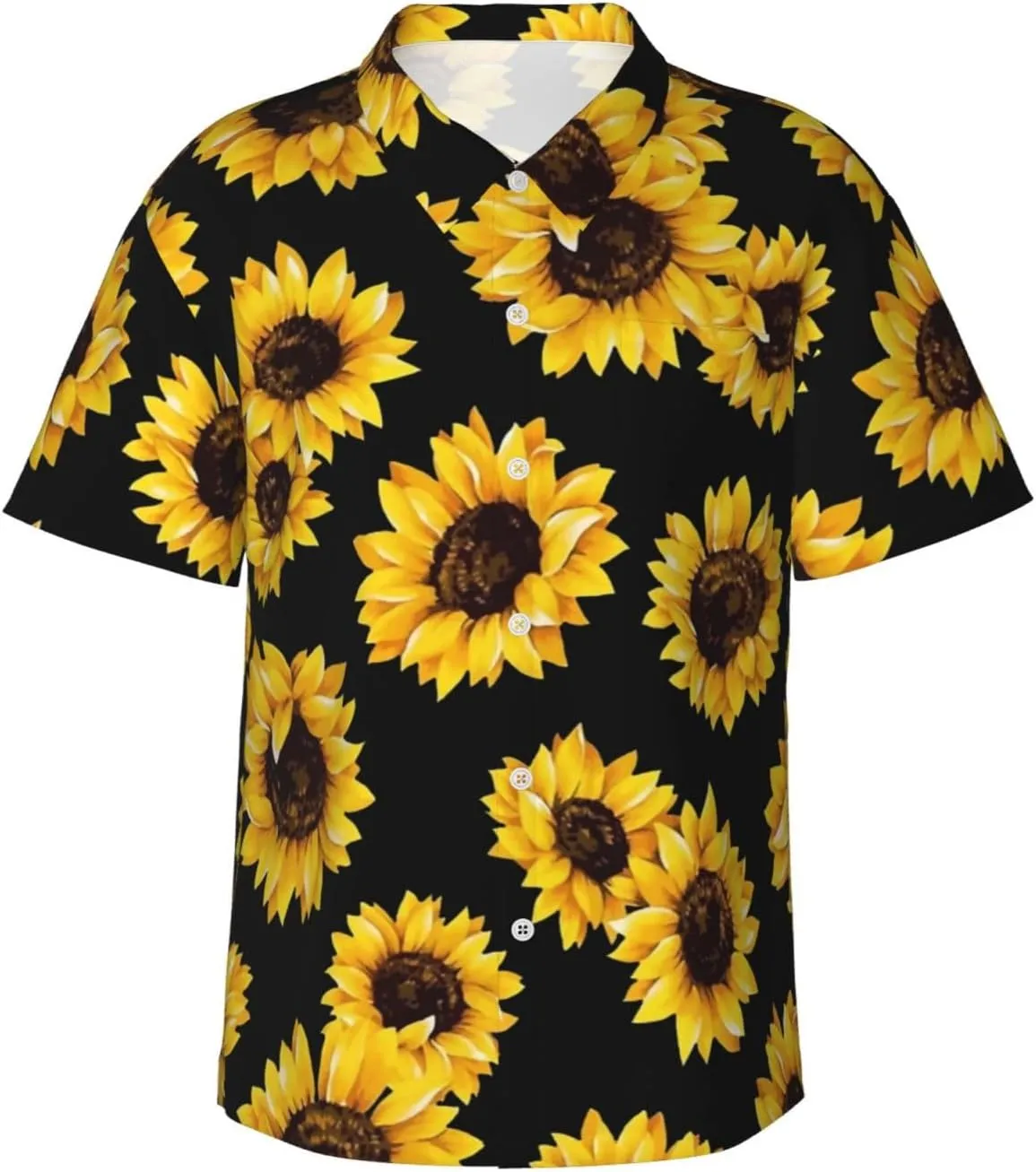 Vintage Sunflower Black Background Mens Hawaiian Shirt Short Sleeve Casual Button Up Tropical Summer Beach Shirt