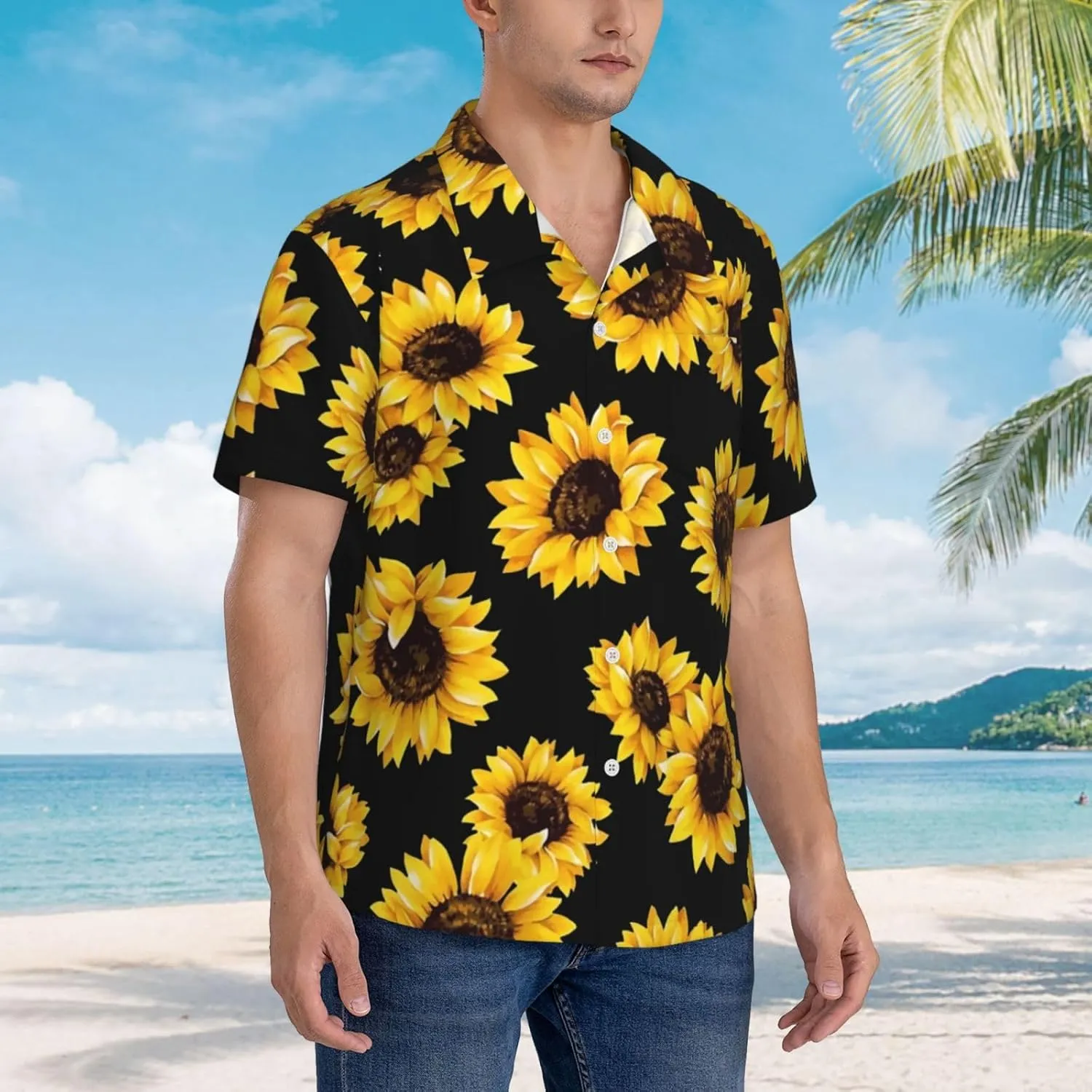 Vintage Sunflower Black Background Mens Hawaiian Shirt Short Sleeve Casual Button Up Tropical Summer Beach Shirt