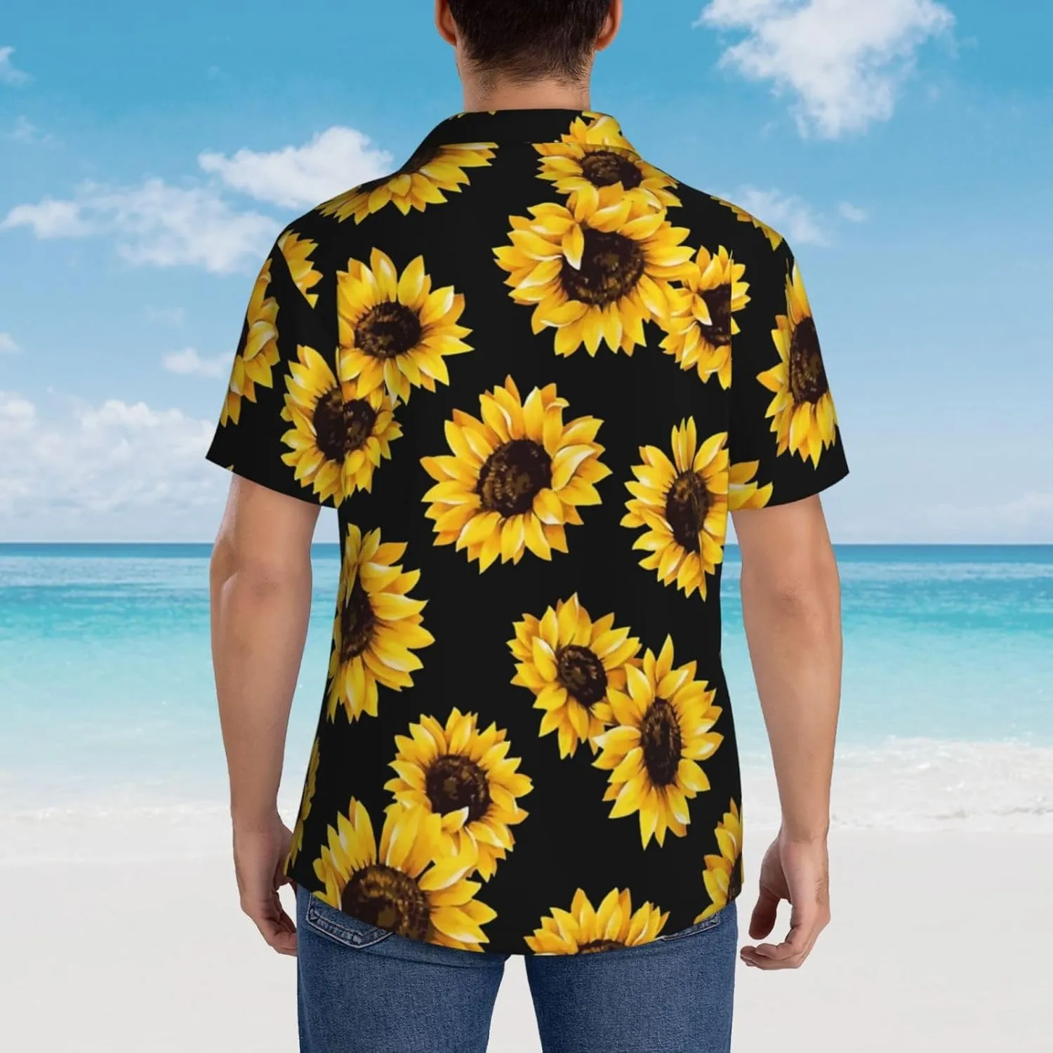 Vintage Sunflower Black Background Mens Hawaiian Shirt Short Sleeve Casual Button Up Tropical Summer Beach Shirt