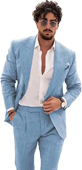 Wangyue Men's 2-Piece Linen Suit Casual Slim Fit Vintage Suits Groomsmen Tuxedos Wedding Summer Beach Blazer Pants Set