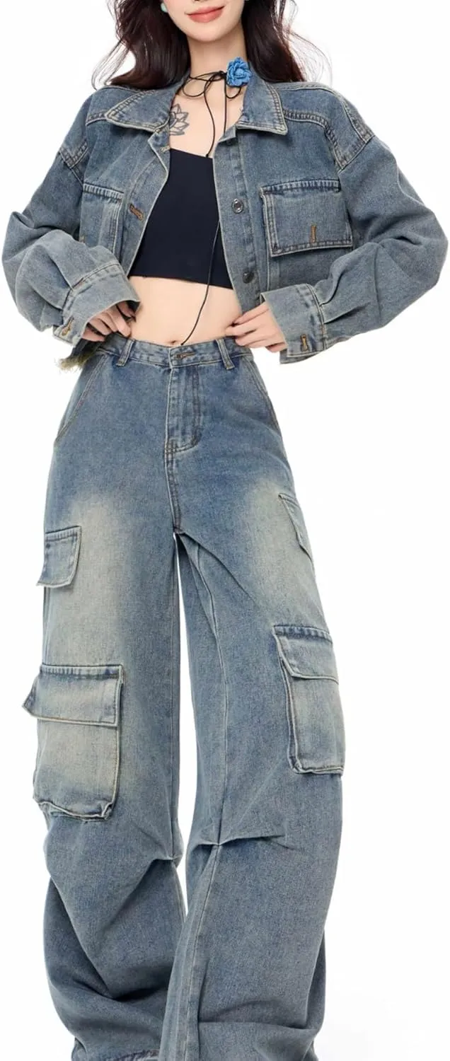 Women Denim Set Long Sleeve Raw Edges Cropped Jean Jacket Wide Leg Cargo Pant Matching Sets
