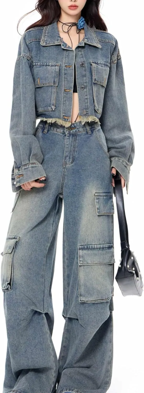 Women Denim Set Long Sleeve Raw Edges Cropped Jean Jacket Wide Leg Cargo Pant Matching Sets