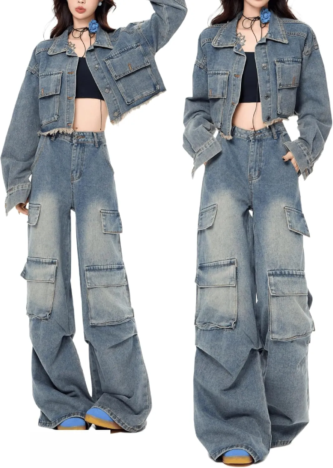 Women Denim Set Long Sleeve Raw Edges Cropped Jean Jacket Wide Leg Cargo Pant Matching Sets
