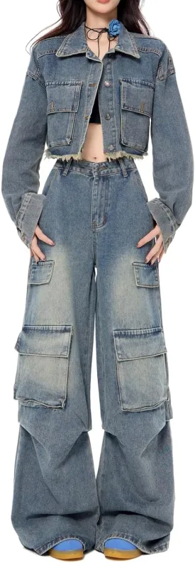 Women Denim Set Long Sleeve Raw Edges Cropped Jean Jacket Wide Leg Cargo Pant Matching Sets