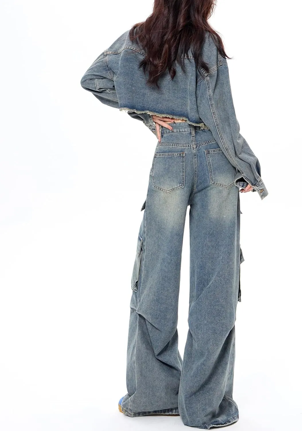 Women Denim Set Long Sleeve Raw Edges Cropped Jean Jacket Wide Leg Cargo Pant Matching Sets