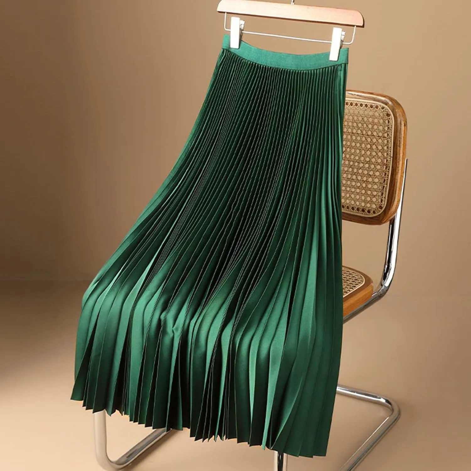 Women Satin Pleated Maxi Skirt Flowy Swing Elastic High Waist Long Flare Casual Shiny Metallic Comfort Wear