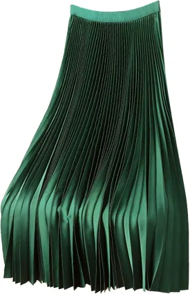 Women Satin Pleated Maxi Skirt Flowy Swing Elastic High Waist Long Flare Casual Shiny Metallic Comfort Wear
