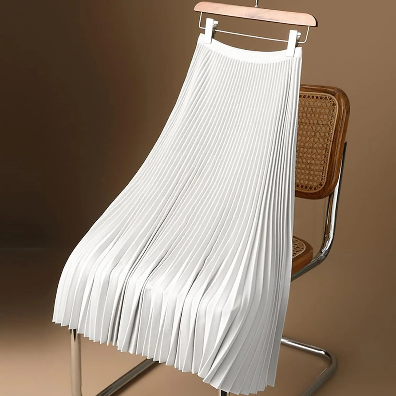 Women Satin Pleated Maxi Skirt Flowy Swing Elastic High Waist Long Flare Casual Shiny Metallic Comfort Wear