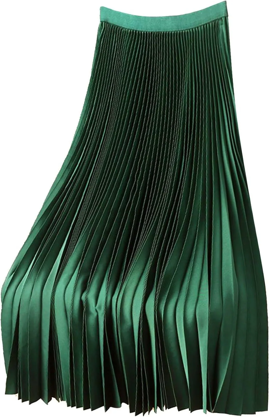 Women Satin Pleated Maxi Skirt Flowy Swing Elastic High Waist Long Flare Casual Shiny Metallic Comfort Wear