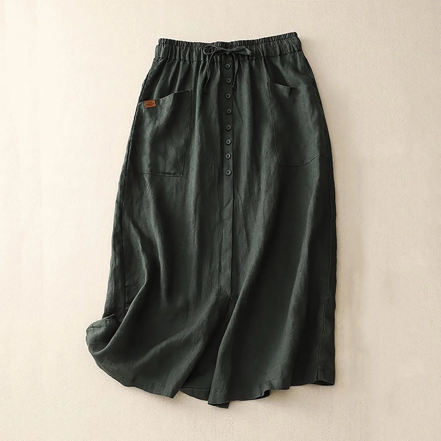 Womens Cotton Linen Skirts Summer Casual Loose Fit High Waisted Drawstring Pleated Swing Midi Skirt with Pockets