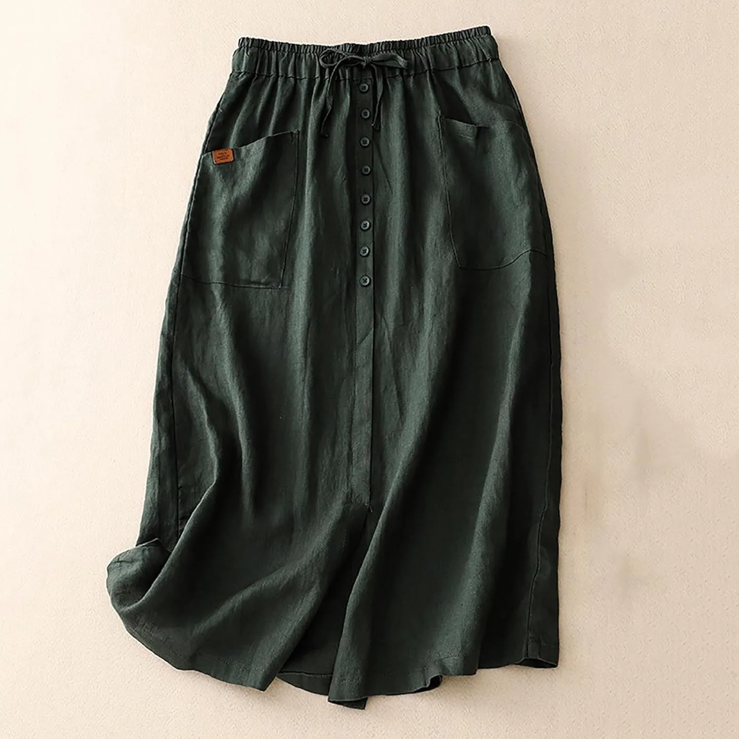Womens Cotton Linen Skirts Summer Casual Loose Fit High Waisted Drawstring Pleated Swing Midi Skirt with Pockets