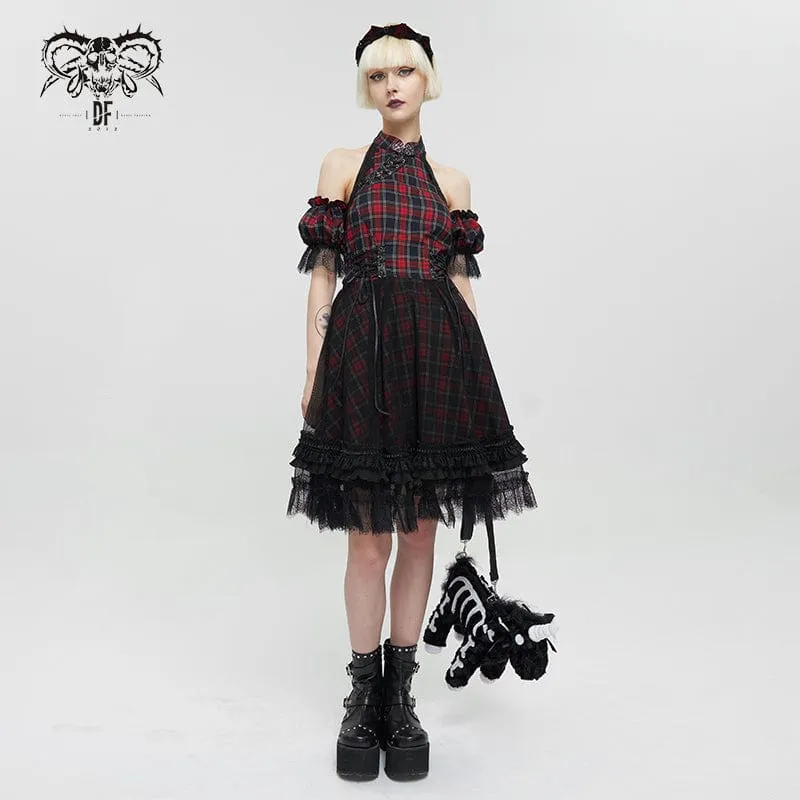 Women's Grunge Off Shoulder Cheongsam Collar Plaid Dress