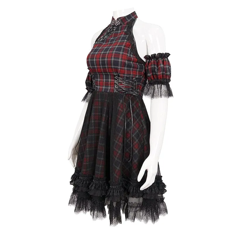 Women's Grunge Off Shoulder Cheongsam Collar Plaid Dress