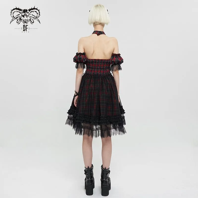 Women's Grunge Off Shoulder Cheongsam Collar Plaid Dress