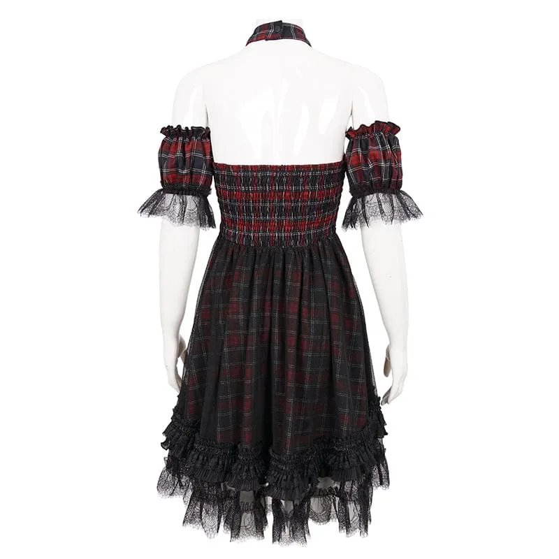 Women's Grunge Off Shoulder Cheongsam Collar Plaid Dress