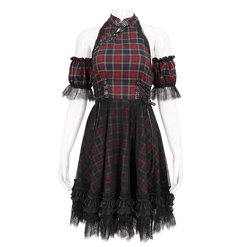 Women's Grunge Off Shoulder Cheongsam Collar Plaid Dress